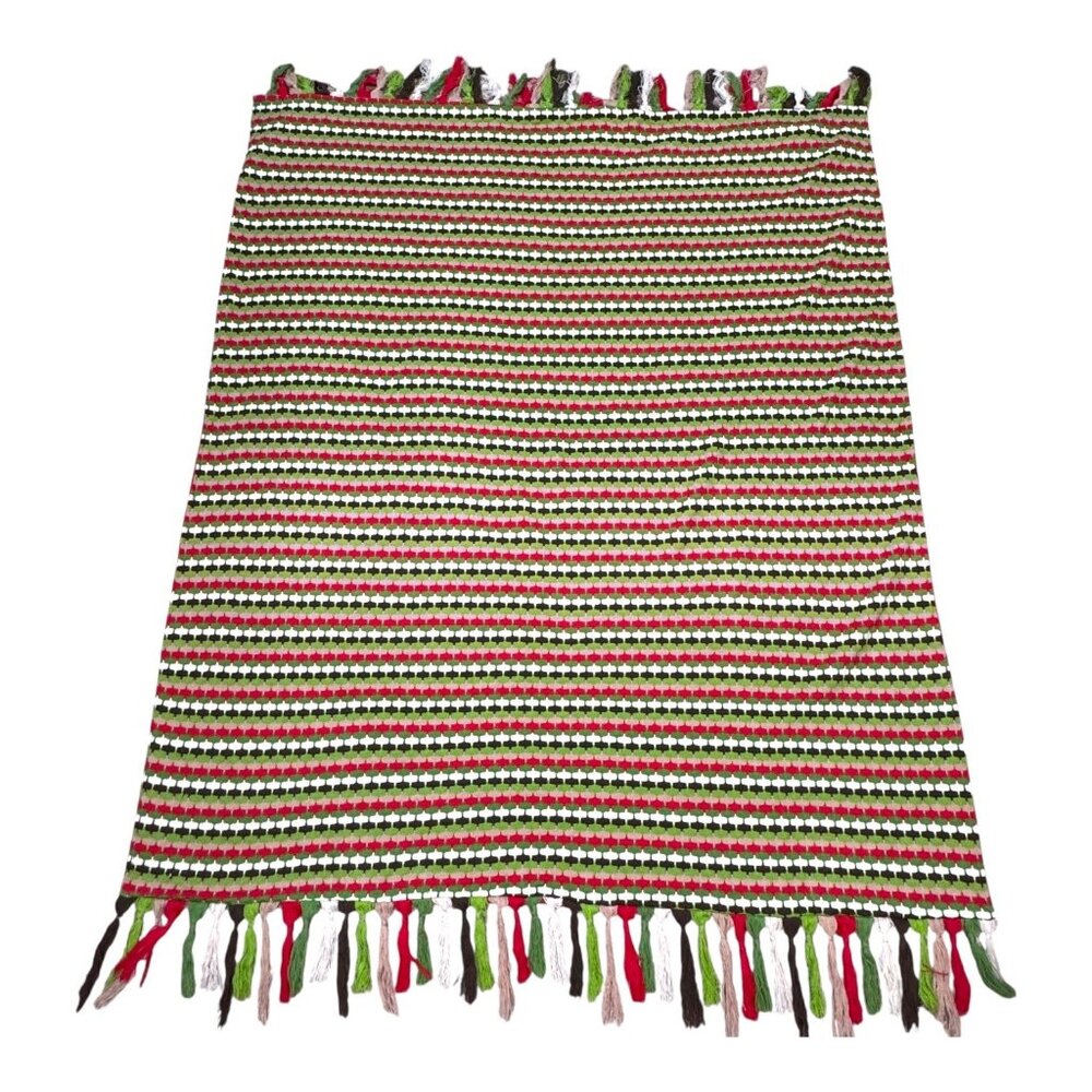Handmade Crochet Christmas Throw Blanket Lined Fringe Red Green & White Stripes